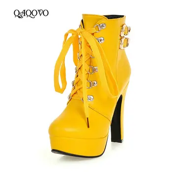 

Women Ankle Boots Square High Heel Martin Boots Fashion Cross Tied Platform Round Toe Autumn Winter Shoes Black Yellow White
