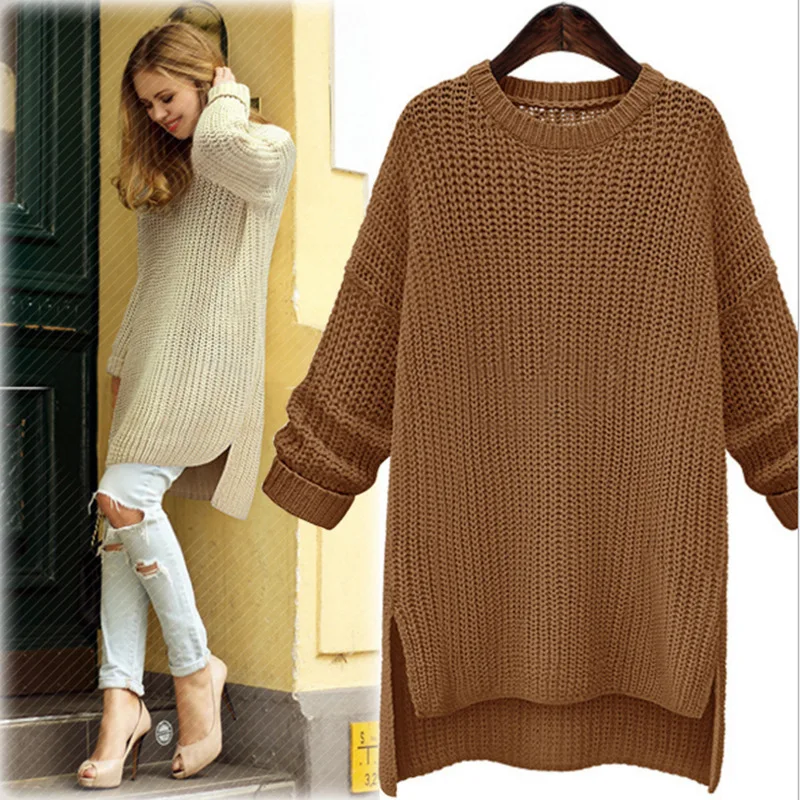 2019 Winter Midi Long Thick Sweaters for Women New Irregular O-Neck Cute Solid Knitted Pullovers Girls Lady Casual Split Sweater