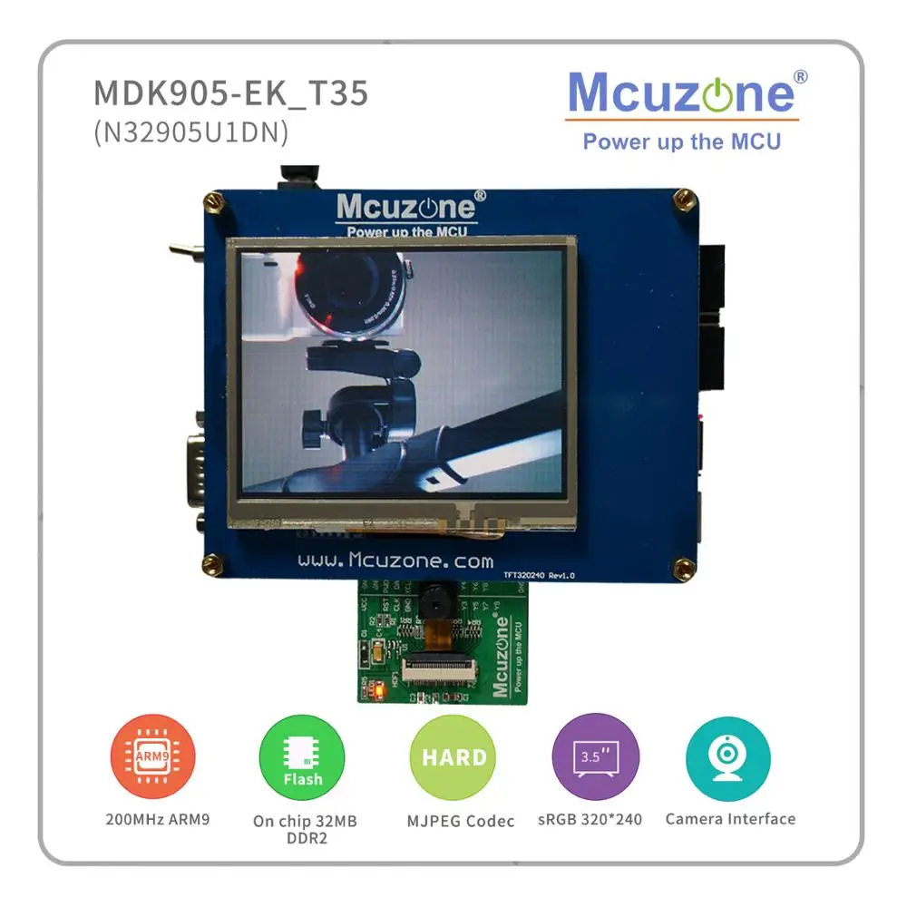 

MDK32905-EK_T35-OV7725, N32905U1DN NUVOTON with 0.3Mpix image sensor, USB, LCDC, JPEG codec, UCOS,3.5" 320240TFT LCD with TP