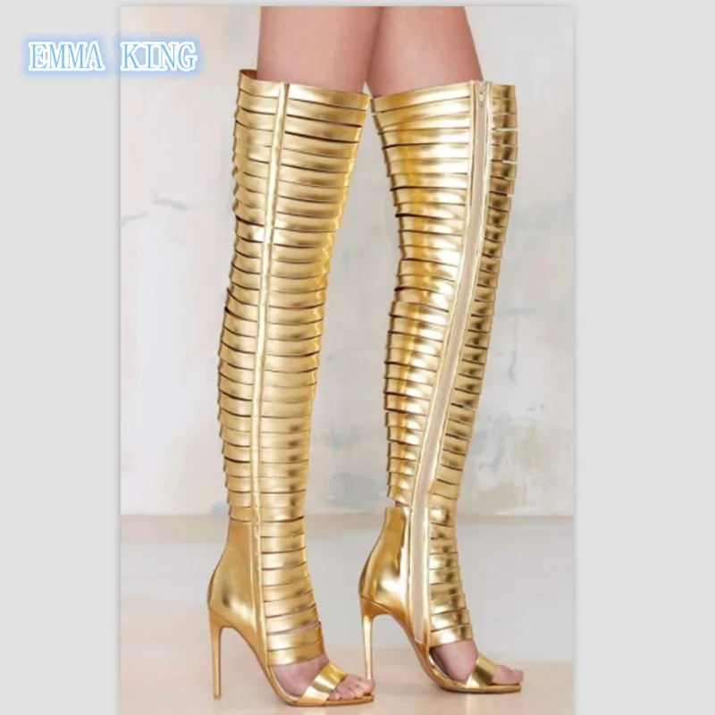 

2019 Spring Autumn Gold Women Sexy Over The Knee boots Open Toe High Heels Gladiator Sandals Side Zipper Stilettos Ladies Shoes