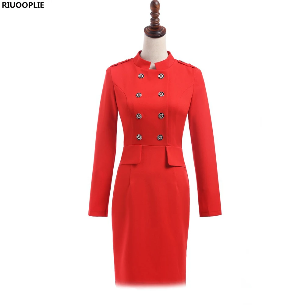 

RIUOOPLIE Womens Retro Button Party Office Lady Stand Collar Bodycon Sheath Dress Autumn Plus Size