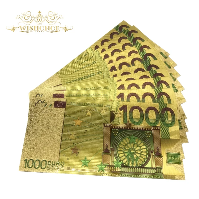 Wishonor, 10 unids/lote, billetes de Euro de colores, billetes de oro de 1000 EUR en papel falso chapado en oro de 24 K, dinero para colección Wishonor, 10 unids/lote, billetes de Euro de colores, billetes de oro de 1000 EUR en papel falso chapado en oro de 24 K, dinero para colección