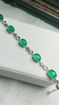 

925 Sterling Silver Inlaid Natural Green Chalcedony Bead Bracelet