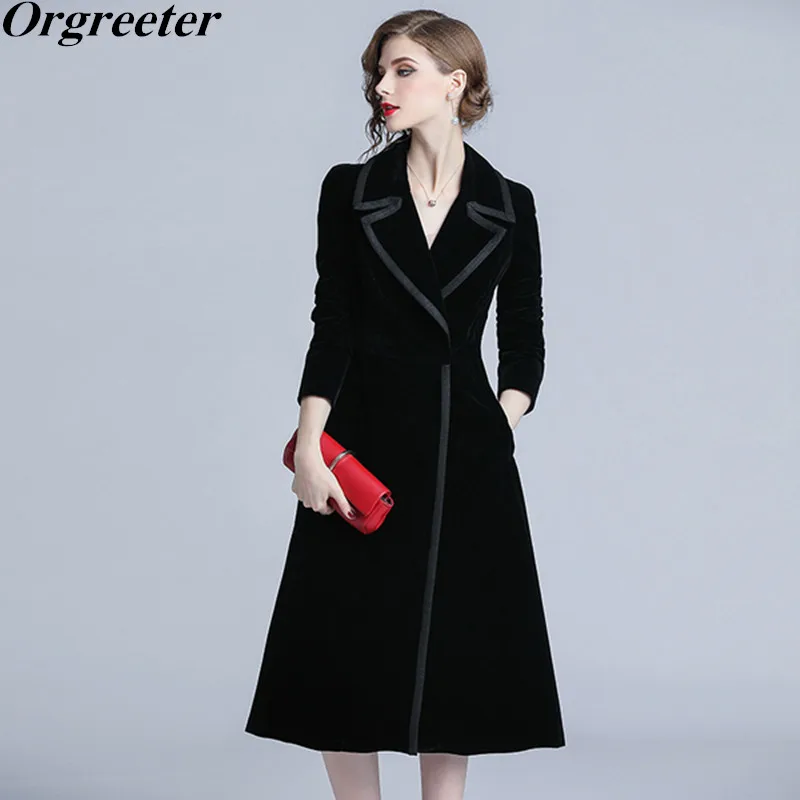 

New 2018 Winter Runway Designer Women Vintage Turn down collar Wrap Black Velvet Long Trench Coat Thick Warm Cardigan Outwear