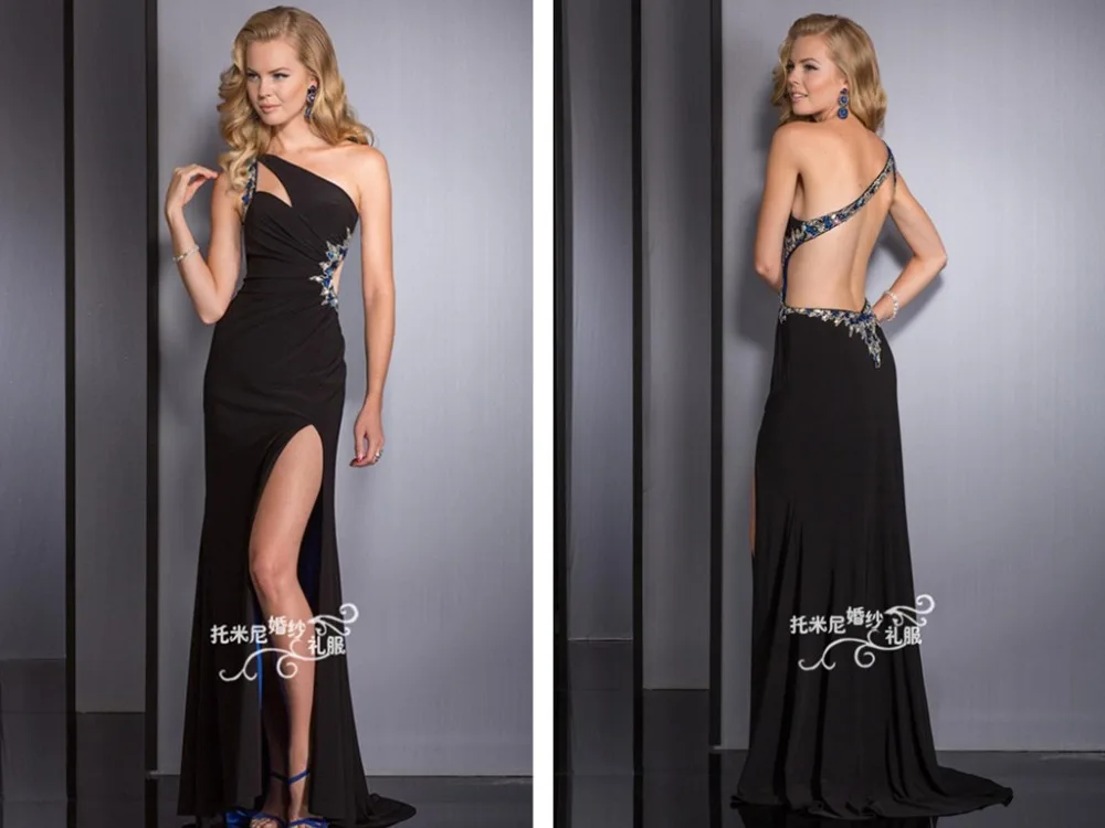 

black chiffon sexy backless one shoulder beading long prom gown 2015 new hot vestido de festa floor-length Formal Evening Dress