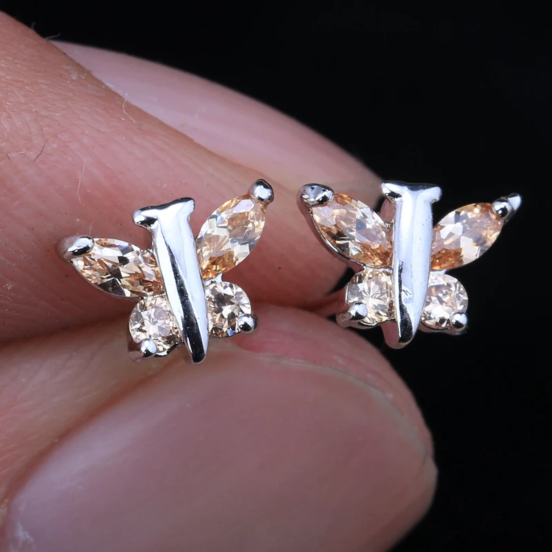 Маленькая бабочка камни Champange коричневый оранжевый Morganite 925 стерлингового серебра шпильки Серьги для женщины Модные украшения S5634