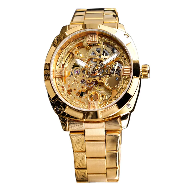 Forsining Ретро Мужские автоматические механические наручные часы лучший бренд класса люкс Полный Золотой дизайн светящиеся руки Скелет часы мужские