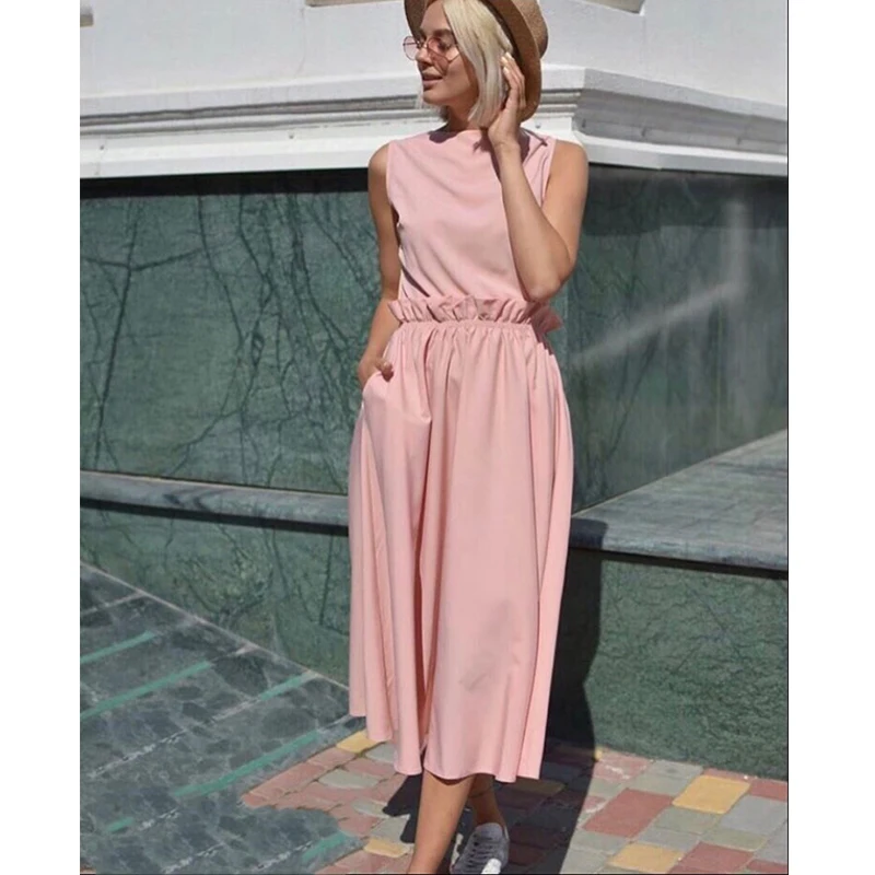 

Women Vintage Elegant Ruffled A-line Party Dress Sleeveless O-neck Solid Casual Mid Dress 2019 Summer New Fashion Women Dress