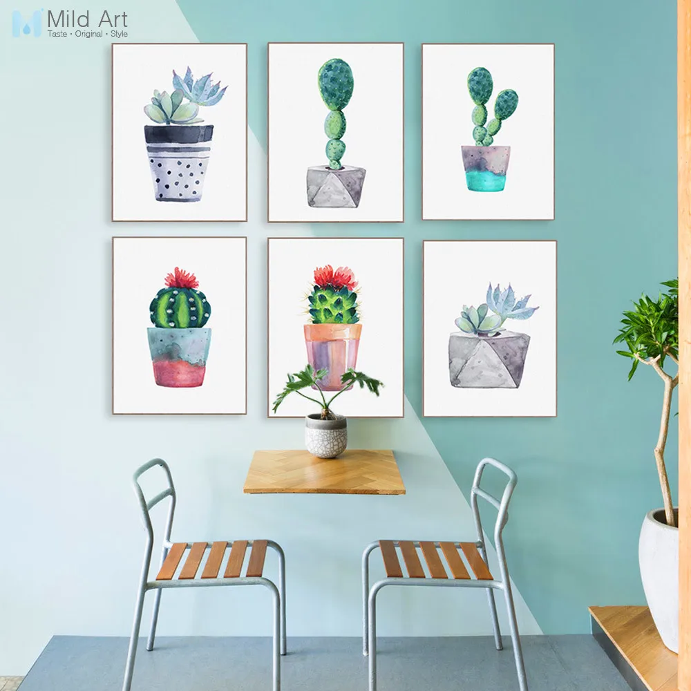 

Modern Watercolor Green Succulent Plant Cactus Poster Nordic Wall Art Canvas Painting Living Room Decor Picture Prints Custom