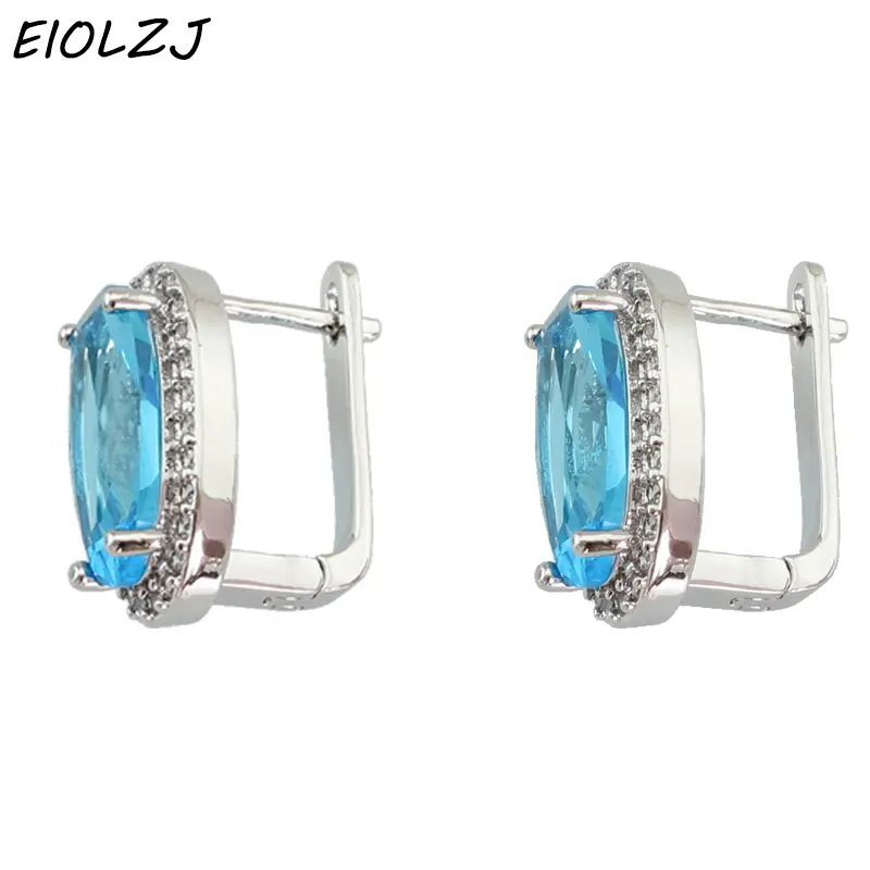 EIOLZJ 925 пробы серебряные серьги-клипсы для женщин, зеленый синтетический циркон, повседневные ювелирные изделия для девочек, синий кристалл, подарочная коробка
