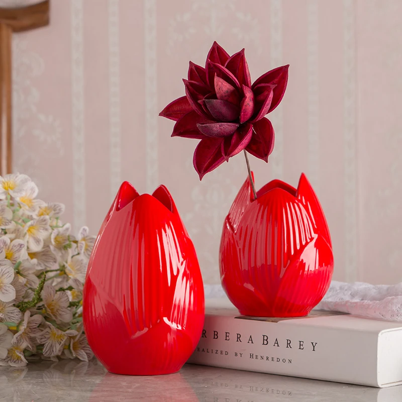 Керамическая ваза с лотосом Красные Белые керамические вазы настольная фарфоровая ваза для цветов Свадебные украшения дома Современные аксессуары