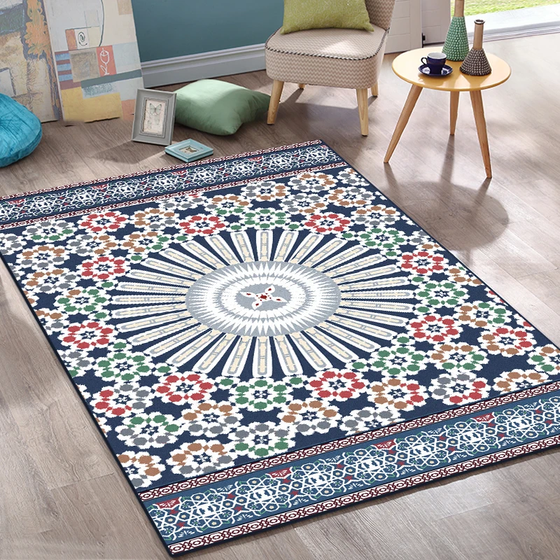 

Fashion American Style Ethnic Medallion Round Floral Blue Door Mat Living Room Parlor Bedroom Home Decorative Carpet Area Rug