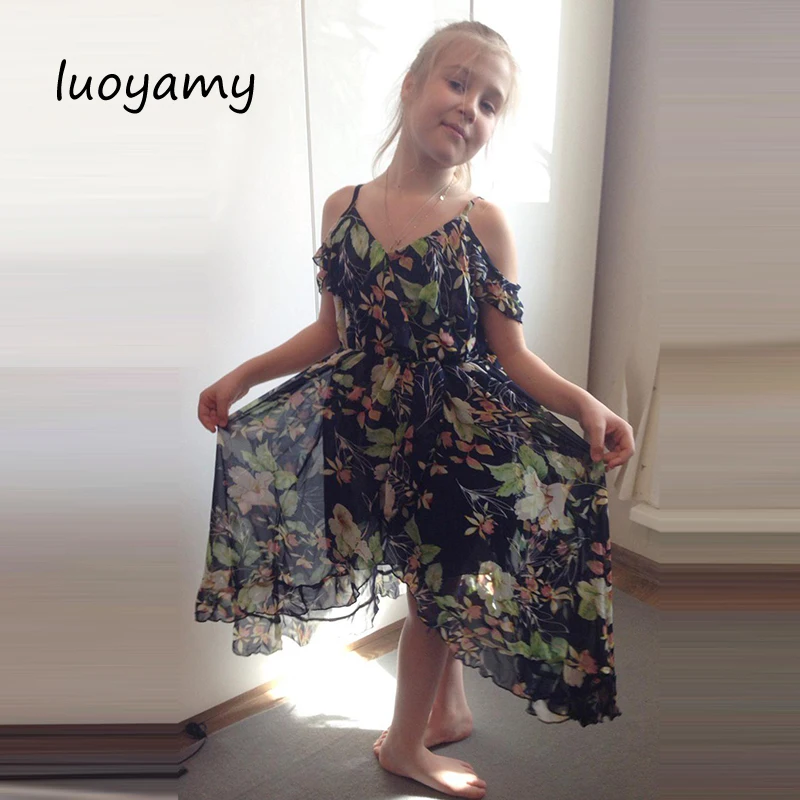 

luoyamy 2018 Girls Summer Beach Dress Kids Bohemia Floral Chiffon V-neck Asymmetrical Prom Clothes Girl Princess Dresses