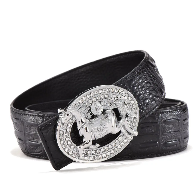 Black silver buckle DOSSNL Крокодил элегантный Двусторонняя воловья кожа ремень сплав из натуральной кожи Гладкая пряжка для ремня для отдыха Бизнес пояс A002 - Цвет: Black silver buckle