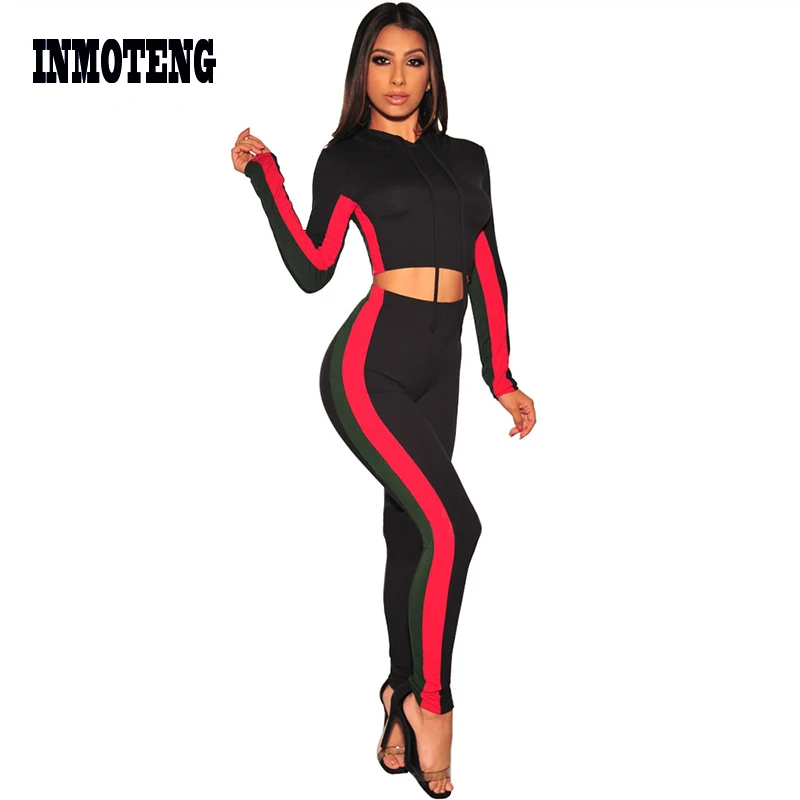 

Hooded Side Striped Color Patchwork Skinny Sport 2 piece Sets Women Long Sleeve Lace Up Crop Top Long Skinny Pants Jumpsuits