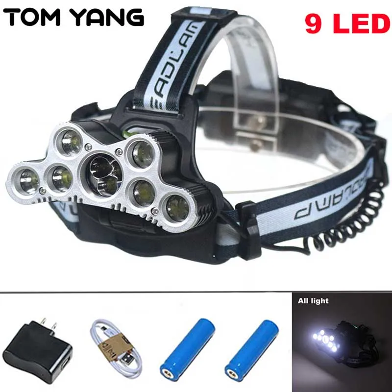 

TOM YANG Ultra Power 9 LED Headlamp 7T6+2Q5 LED Focus Headlight 6 Modes Adjustable Frontal Lanterna USB Rechargeable Light Lamp