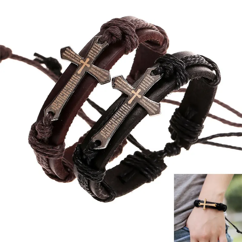 

Men PU Leather Bracelet Knitted Wrap Lace-up Cross Charm Bangle Jewelry 8 TT@88