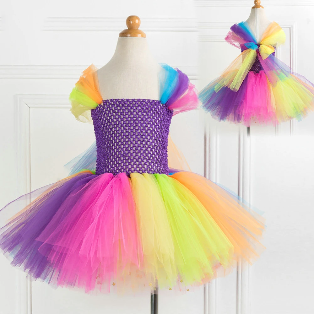 

Pageant Kids Baby Girl Princess Dress Tutu Tulle Backless Ball Gown Party Dress Formal Celebration Dresses Outfits Rainbow Color