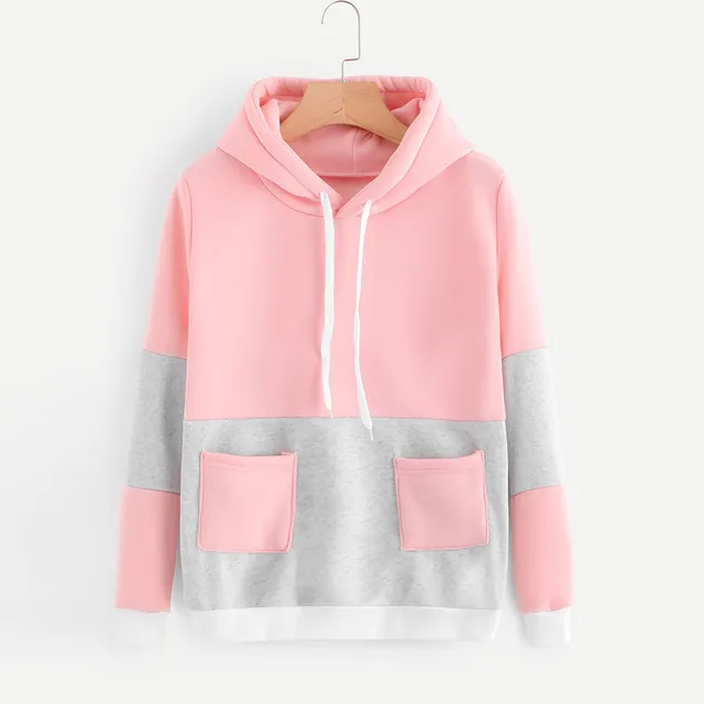 women kawaii pink and gray patchwork long sleeve autumn hoodie