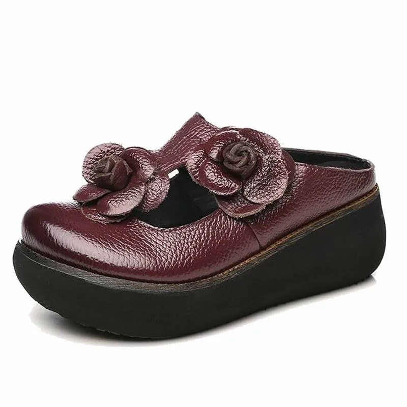 

2019 Summer Wedges Bottom High Heels Slippers Women Vintage Floral Genuine Leather Slides Mother Plus Size Shoes Sapato Feminino