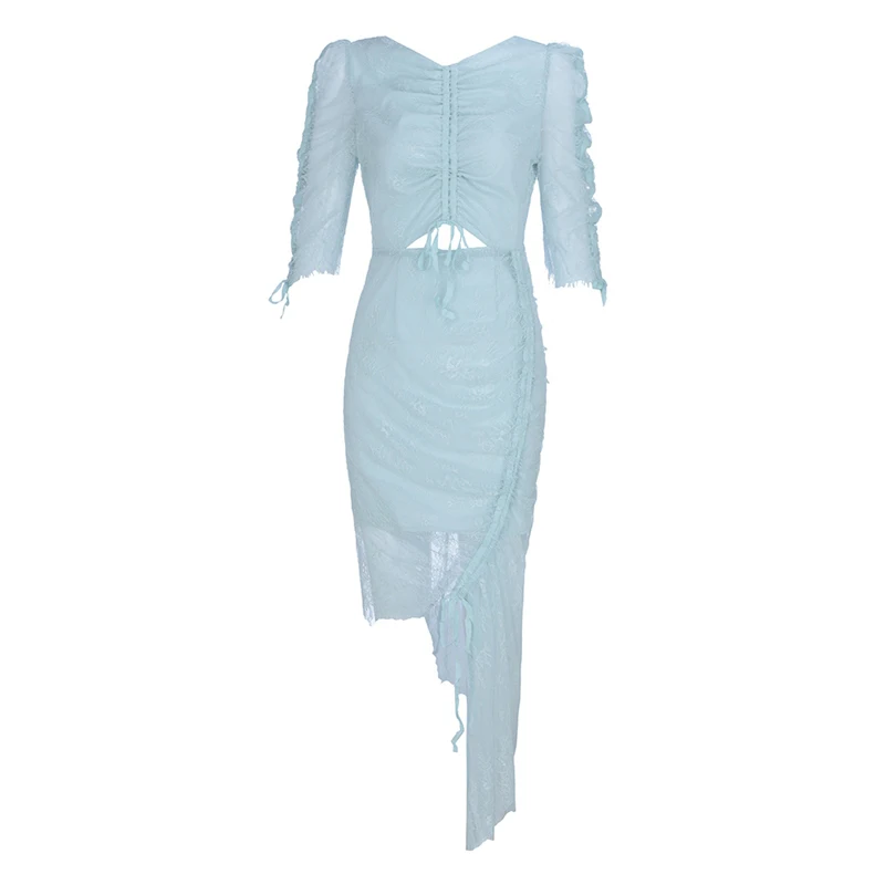 INDRESSME, Vestidos, новинка, женское сексуальное модное платье с v-образным вырезом, с полым рукавом, с рюшами Асимметричный, кружевное, облегающее, вечерние, Клубное платье