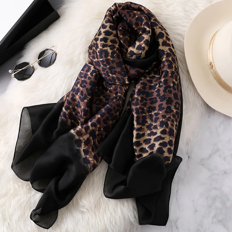 2023 Luxury Women Ombre Leopard Dot Natural Silk Scarf Lady Fashion Print Shawls and Wraps Pashmina Foulards Bandana Hijab Snood 5