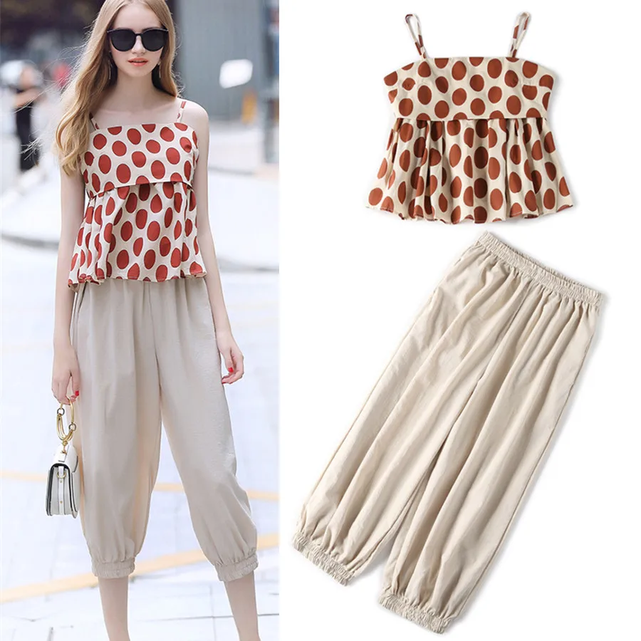 

2 Pieces Summer Women's Clothing Set Linen Cotton Polka Dots Sleeveless Strap Blouse Tops And Harem Pants Suits Tracksuits NS957