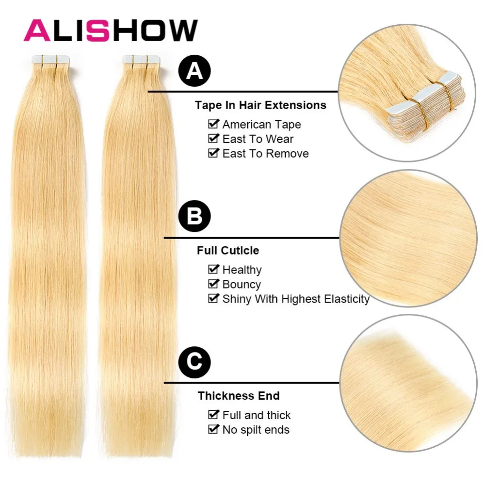 Alishow Tape In Remy Human Hair Extensions Double Drawn Remy Hair Straight Invisible Skin Weft PU Tape On Hair Extensions