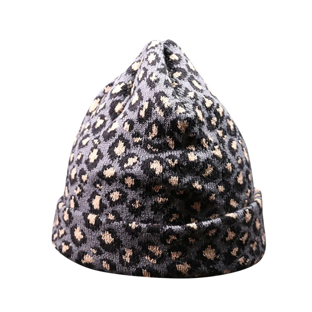 Womens Winter Warm Leopard Print Knitted Sleeve Hat Plus Velvet Wooly