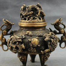 Bi003247 Тибет Буддизм Бронзовый Fly Dragon Ball Львиная Голова Статуя Курильница Курильница