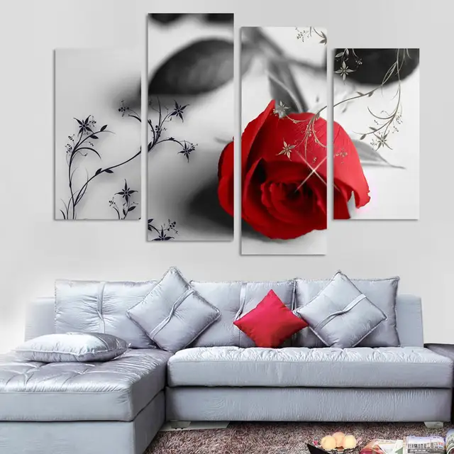 4 Piece Beautiful Red Rose Flowers Wall Painting Modern Home 4 Piece Beautiful Red Rose Flowers Wall