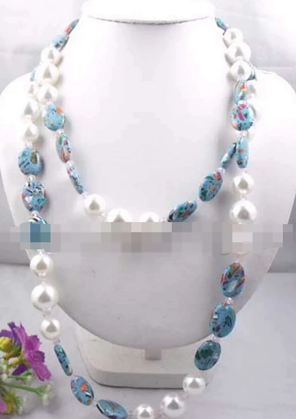 

3243 Round White Sea shell pearl with Turquoise Alloy necklace