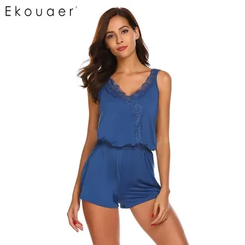 

Ekouaer Sexy Women Pajamas Set V-Neck Sleeveless Lack Patchwork Vest and Elastic Waist Pajama Shorts Female Sleepwear Nightwear