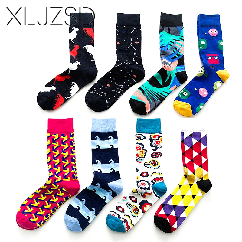 

XLJZSD 1pair 2019 New Arrival British Style Patchwork Geometric Bump Color Grid Happy Sport Socks Stocking Male Man Socks XZM026