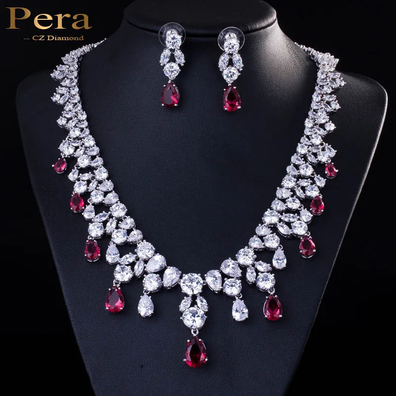 

Pera Luxury Bridal Wedding Party Jewelry White Gold Color Rose Red Cubic Zirconia Large Necklace Earrings Sets For Women J011