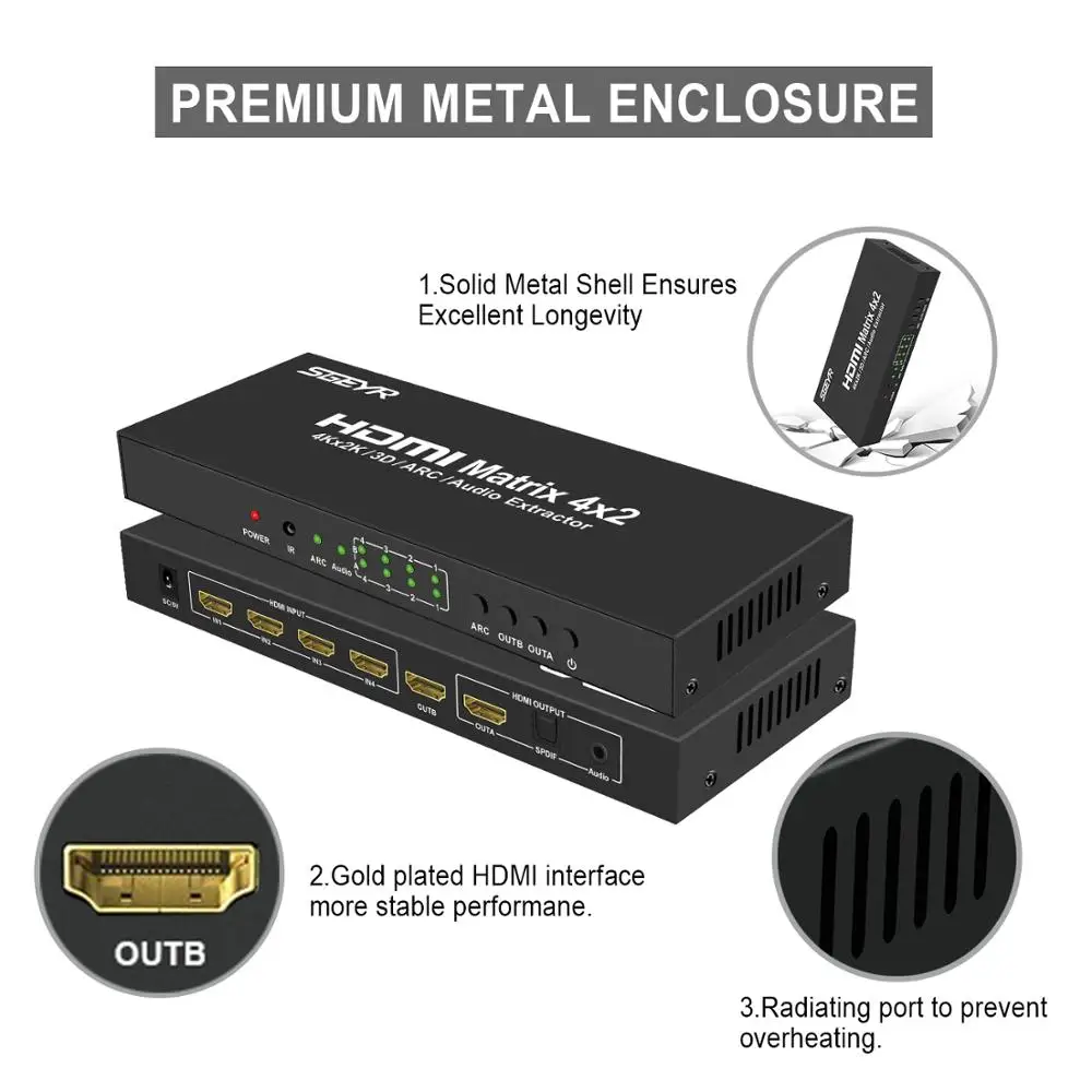 HDMI правильная матрица 4x2 Matriz коммутатор Splitter 4 вход 2 выход с 3 5 мм аудио экстрактор