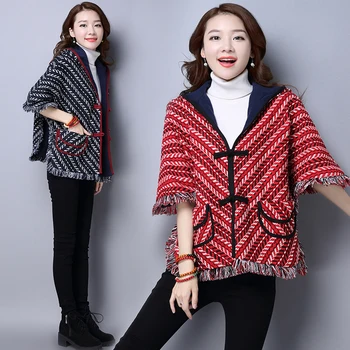 

Women Winter Casual Cape Overcoat Top Loose With Velvet Thickening National Wind Plate Buckles Fringed Shawl Cloak Hooded Coat