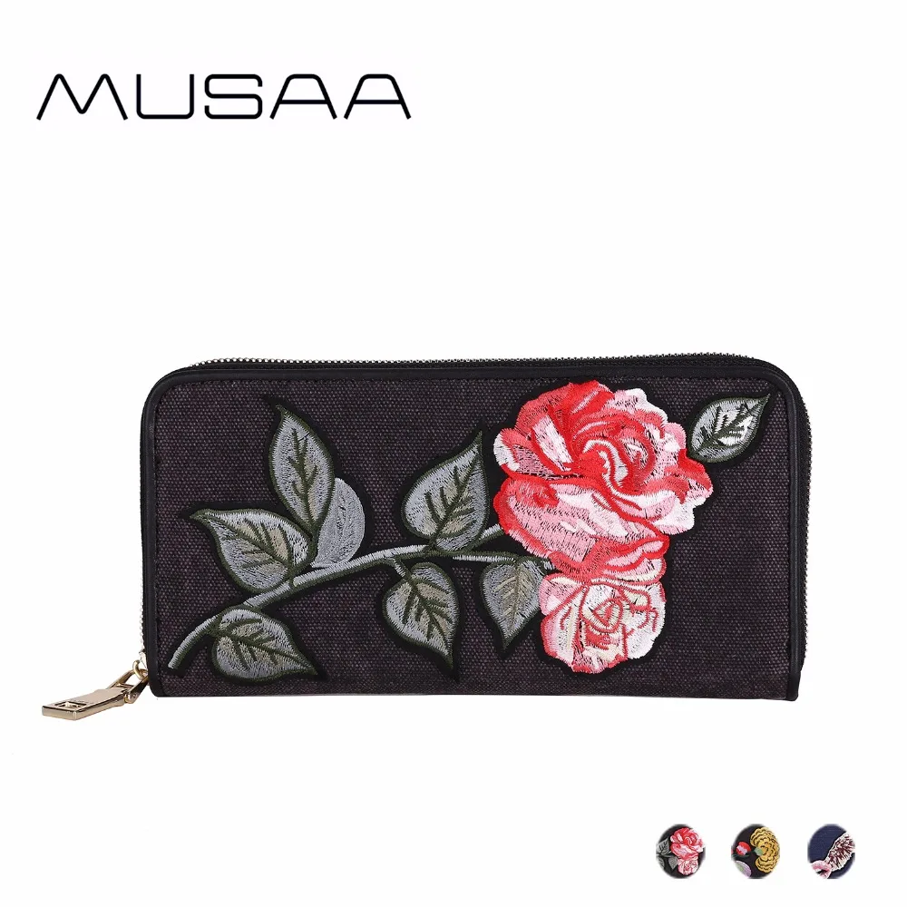 

MUSAA Fine Applique Women Wallet Long Coin Purse Multifunction Canvas Wallet Fashion Embroidery Decals Clutch Bag for Girl