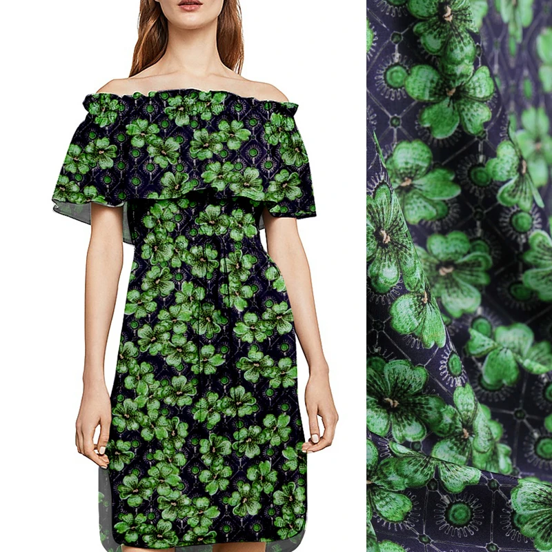 

140CM 16MM Green Leaves Print Thin Crepe De Chine Fabric for Summer Dress Skirt Shirt Scarf Pants J151