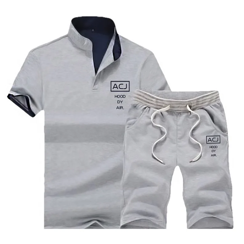 Летний мужской комплект, повседневный Однотонный мужской спортивный костюм для фитнеса, комплект из двух предметов, футболка+ шорты, мужские спортивные костюмы, Moletom Masculino - Color: EM117 Grey