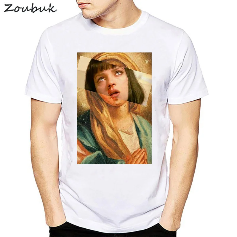 

Harajuku male T-shirt Virgin Mary Mixed Pulp Fiction Mia Wallace T shirt men summer Tshirts Funny camisetas novelty top