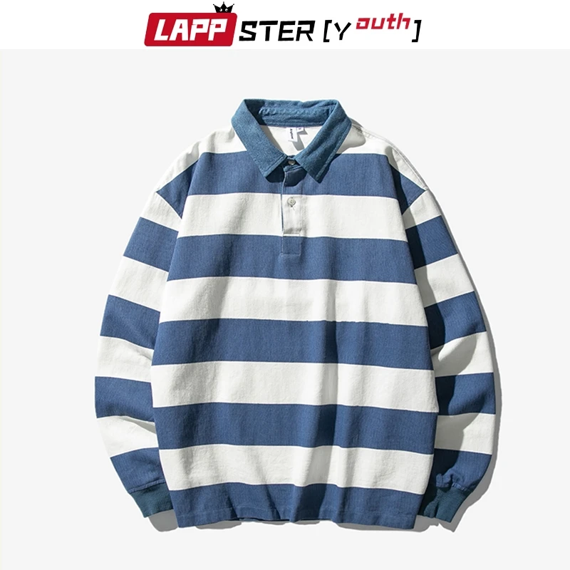 

LAPPSTER Men Striped Blue Tshirts 2019 Harajuku Korean Style Long Sleeve Long Sleeve T Shirts Mens Streetwear Hip Hop Tops Tees