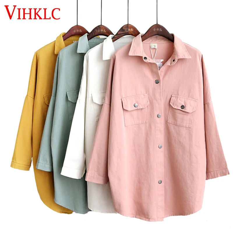 

Long Sleeve Loose Large Size Women Blouses & Shirts Female Coat With Pockets 2018 Spring Autumn Fashion Blouses Clothing H985