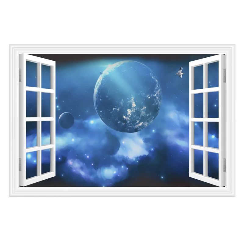 

3D Blue Universe Galaxy Planet Wall Decals For Kid Room Bedroom Living Room Decorative Stickers PVC Wall Stickers Window