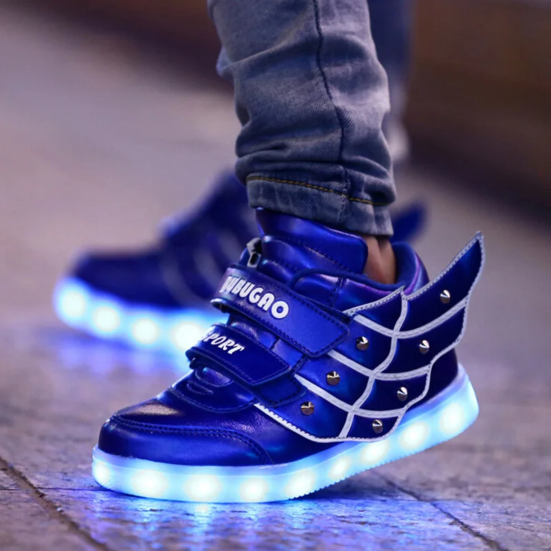 

USB charger Children's Luminous shoes boys girls LED Lighted USB charger sport shoes Wings high help kids flats sneakers