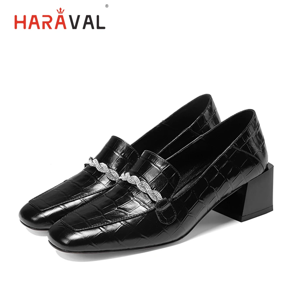 HARAVAL Spring and Autumn Women's thick with single shoes leather non-slip square head high heels fashion ladies dress shoesD113