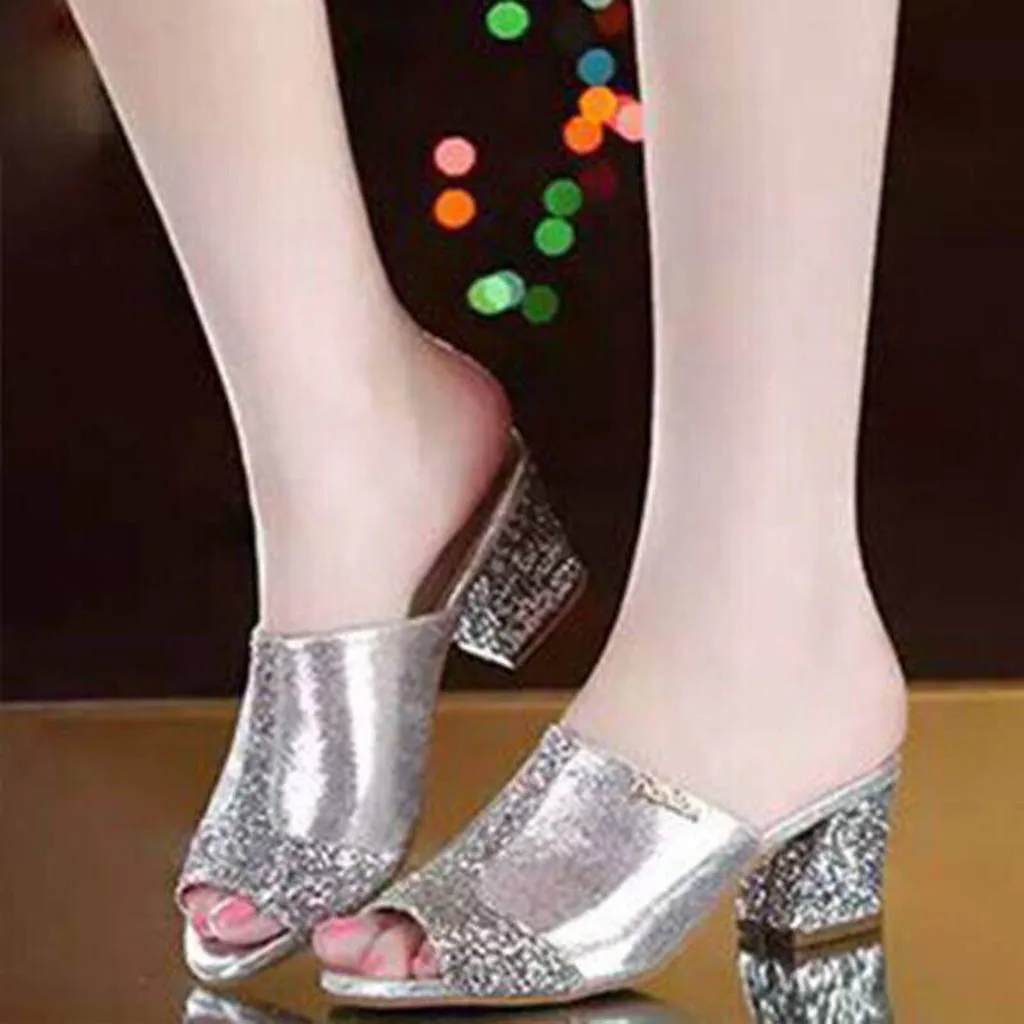 

Women's Fish Mouth sandal 2019 summer Slip On High Heel Peep Toe Crystal bling Slippers Casual square heels silver Sandal Shoes