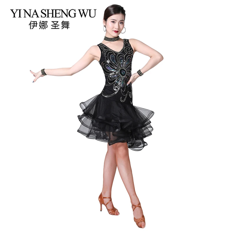 

New Women Latin Jazz Dance Dress Dance Performance Sequined Beaded Mesh Adult Ladies Sexy Salsa/Ballroom/Tango Competition Dress
