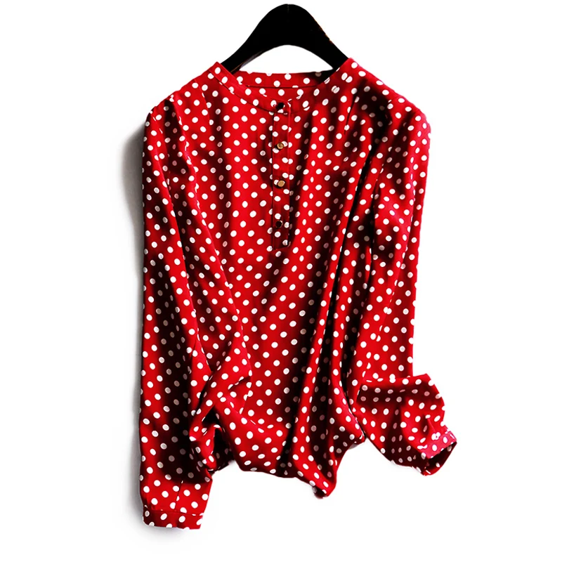 

Shuchan 2019 Tops Spring and Summer New Classic Polka Dot Women Shirt Button Long-sleeved Round-collar Chiffon Blouse Wine Red