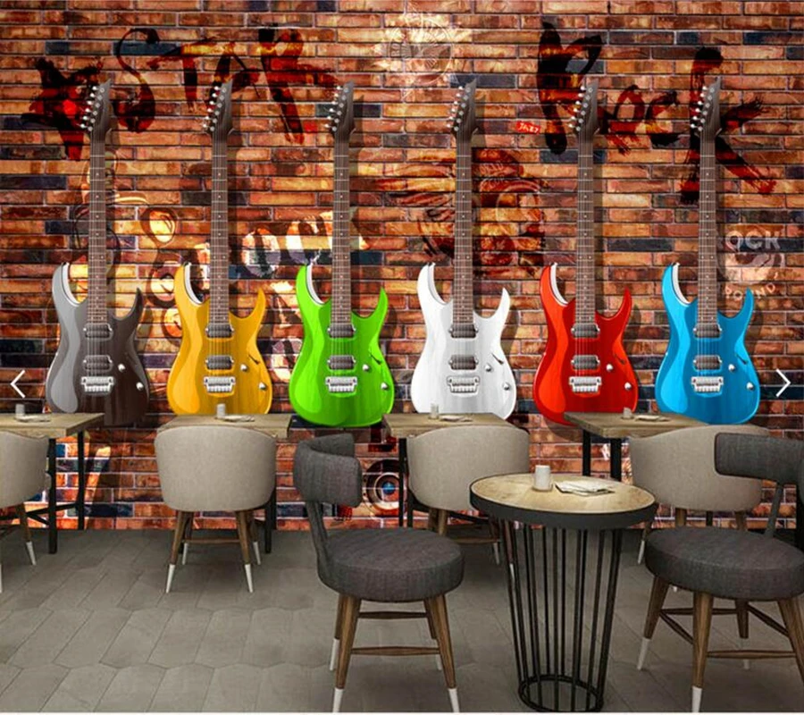 Customized graffiti wallpaper, retro electric guitar brick